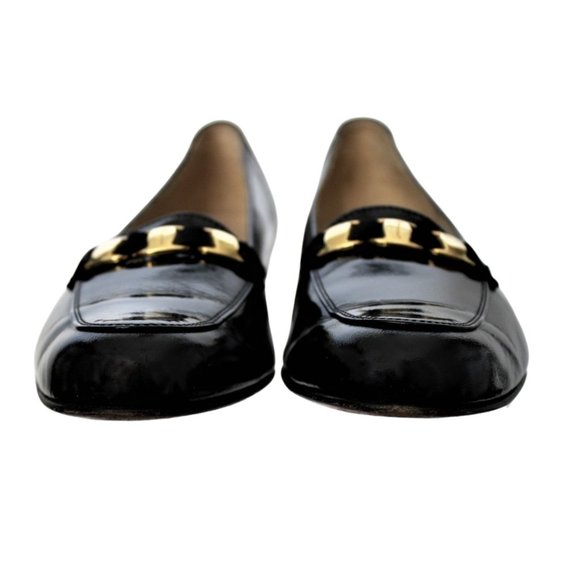 VTG Salvatore Ferragamo Loafer Black Patent Leather Gold Chain Accent Size 10 4A - Picture 5 of 12